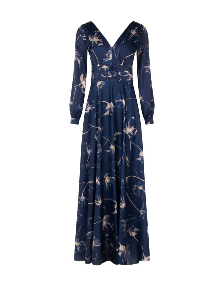 Robe longue en satin à grandes fleurs, froncée à la taille, avec double décolleté en V Rinascimento
