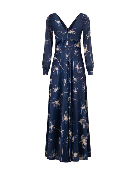 Robe longue en satin à grandes fleurs, froncée à la taille, avec double décolleté en V Rinascimento