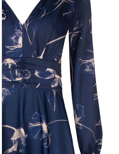 Robe longue en satin à grandes fleurs, froncée à la taille, avec double décolleté en V Rinascimento