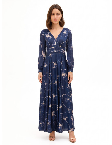 Robe longue en satin à grandes fleurs, froncée à la taille, avec double décolleté en V Rinascimento