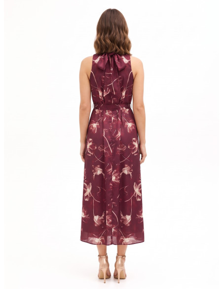 Robe midi en satin à grandes fleurs avec décolleté et nœud dans le dos Rinascimento
