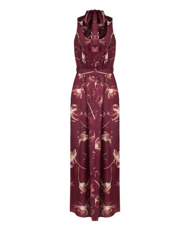 Midi-jurk van satijn met grote bloemen, een halslijn en een strik aan de achterkant Rinascimento