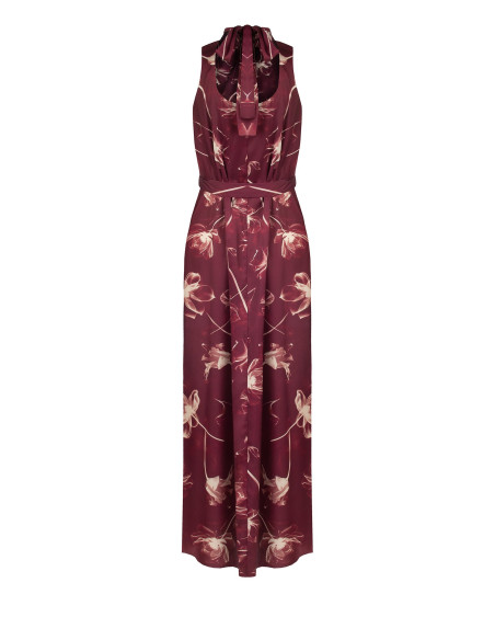 Robe midi en satin à grandes fleurs avec décolleté et nœud dans le dos Rinascimento