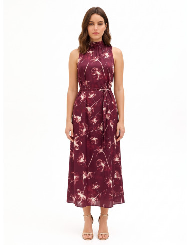 Robe midi en satin à grandes fleurs avec décolleté et nœud dans le dos Rinascimento
