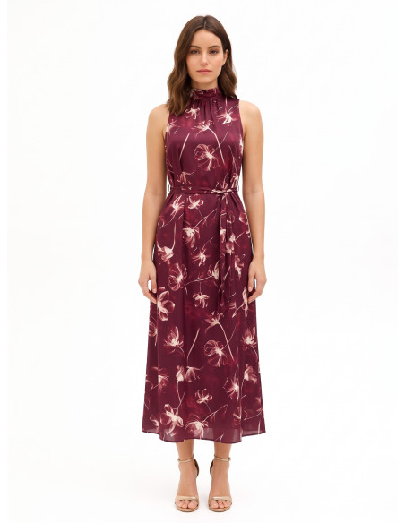 Robe midi en satin à grandes fleurs avec décolleté et nœud dans le dos Rinascimento