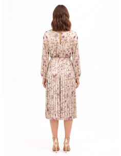 Midi-jurk van satijn met bloemenprint, plissérok en bijpassende smalle, stevige riem Rinascimento 2