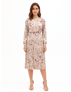 Midi-jurk van satijn met bloemenprint, plissérok en bijpassende smalle, stevige riem Rinascimento