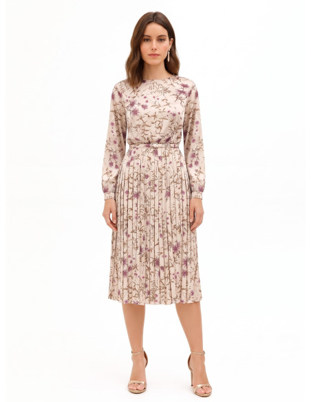 Robe midi fleurie en satin avec jupe plissée et fine ceinture rigide assortie Rinascimento