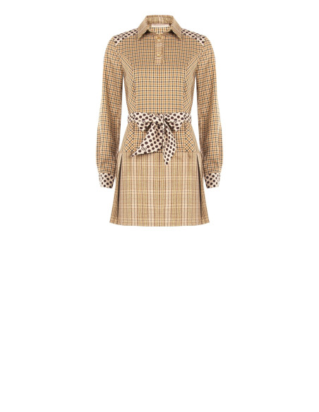 Robe-chemise courte à carreaux en viscose mélangée, avec ceinture à pois assortie et logo RR Rinascimento