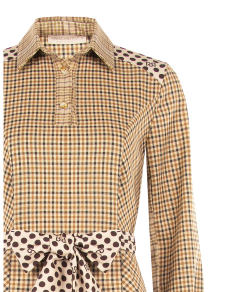 Robe-chemise courte à carreaux en viscose mélangée, avec ceinture à pois assortie et logo RR Rinascimento