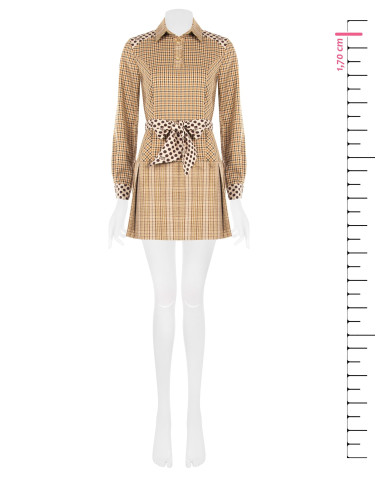 Robe-chemise courte à carreaux en viscose mélangée, avec ceinture à pois assortie et logo RR Rinascimento