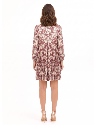 Robe courte plissée ample en satin imprimé cachemire, avec encolure à liens Rinascimento