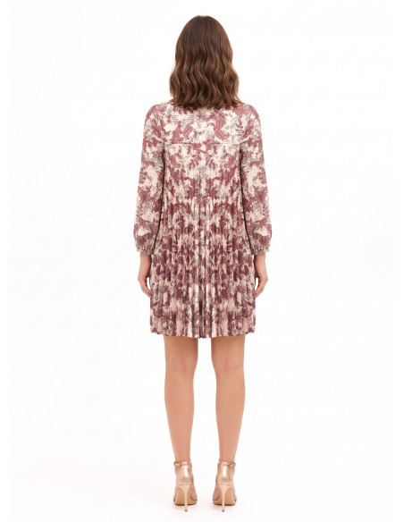 Robe courte plissée ample en satin imprimé cachemire, avec encolure à liens Rinascimento