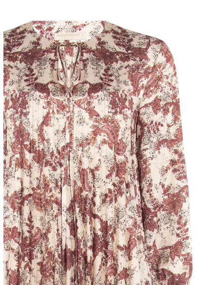 Robe courte plissée ample en satin imprimé cachemire, avec encolure à liens Rinascimento