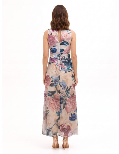 Lange jurk met satijnen lijfje en rok van gebloemde georgette Rinascimento