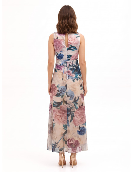 Robe longue avec corsage en satin et jupe en georgette fleurie Rinascimento