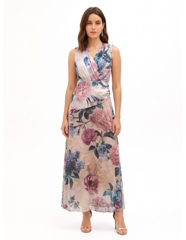 Robe longue avec corsage en satin et jupe en georgette fleurie Rinascimento