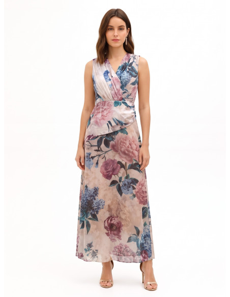 Lange jurk met satijnen lijfje en rok van gebloemde georgette Rinascimento