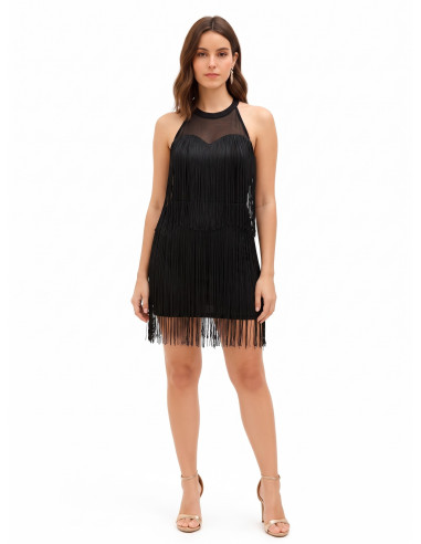 Robe courte fourreau recouverte de franges Rinascimento