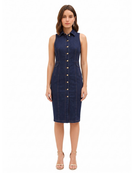 Robe chemisier fourreau en denim extensible, délavage zéro Rinascimento