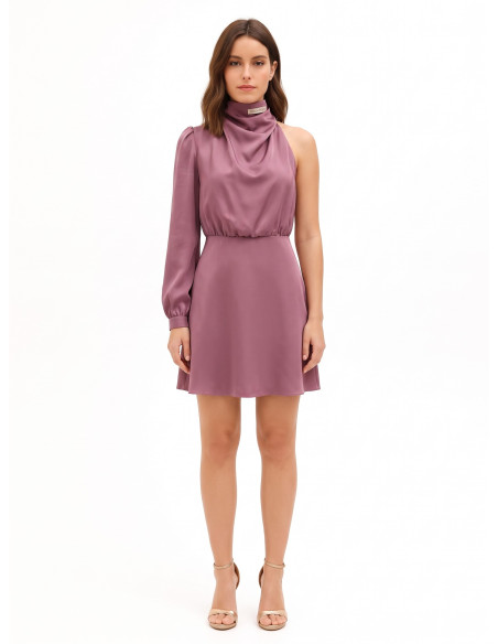 Robe courte asymétrique en satin à col montant drapé Rinascimento