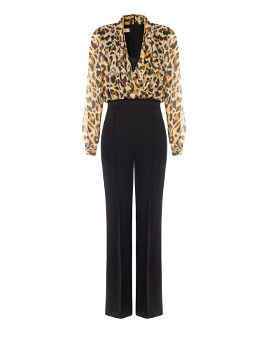 Jumpsuit met wijde pijpen van scuba-crêpe, met een top van georgette met luipaardprint en lurexdruppels Rinascimento