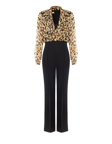 Combinaison pantalon évasée en scuba crêpe avec haut en georgette à motif léopard et gouttes de lurex Rinascimento