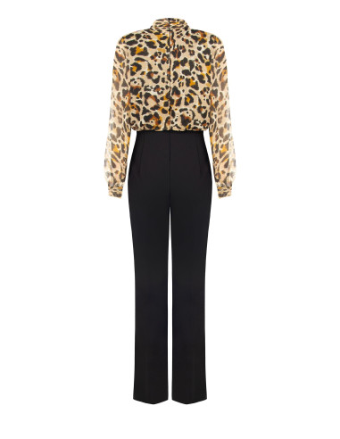 Combinaison pantalon évasée en scuba crêpe avec haut en georgette à motif léopard et gouttes de lurex Rinascimento