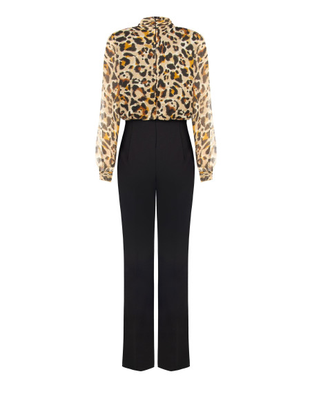 Combinaison pantalon évasée en scuba crêpe avec haut en georgette à motif léopard et gouttes de lurex Rinascimento