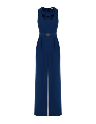 Jumpsuit van cadistof met ronde hals, bijpassende stevige riem en gesp met logo Rinascimento