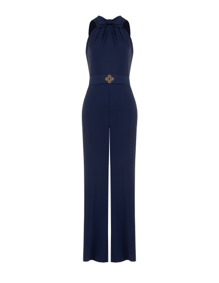 Volledige jumpsuit van cadi-stof met strik, bijpassende stevige riem en gesp met logo Rinascimento