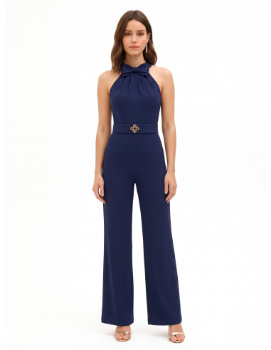 Volledige jumpsuit van cadi-stof met strik, bijpassende stevige riem en gesp met logo Rinascimento