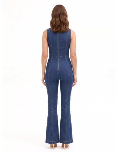 Volledige flared jumpsuit van stretchdenim met lange rits en cut-out Rinascimento