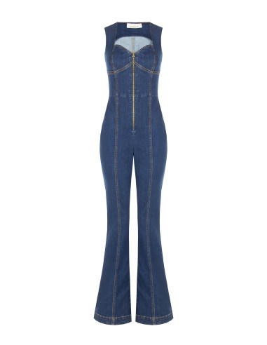 Volledige flared jumpsuit van stretchdenim met lange rits en cut-out Rinascimento