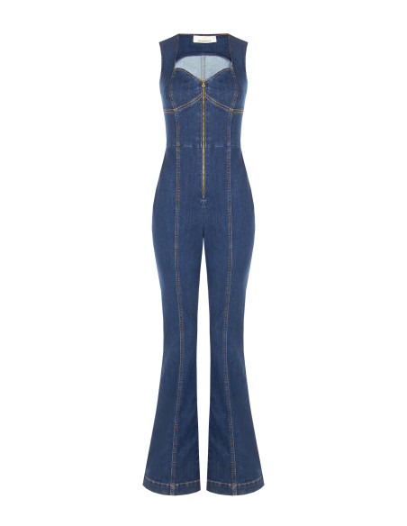 Combinaison intégrale évasée en denim extensible avec longue fermeture éclair et découpe Rinascimento