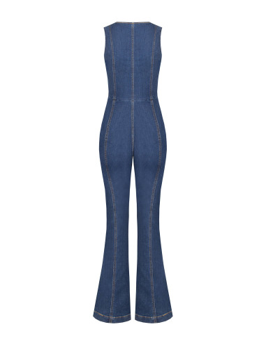 Combinaison intégrale évasée en denim extensible avec longue fermeture éclair et découpe Rinascimento