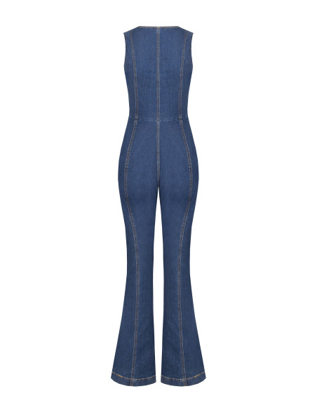 Volledige flared jumpsuit van stretchdenim met lange rits en cut-out Rinascimento