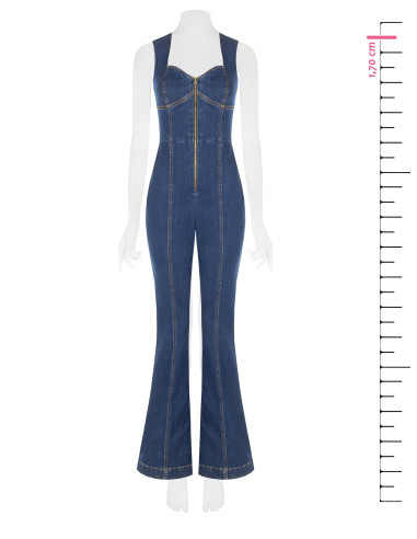 Combinaison intégrale évasée en denim extensible avec longue fermeture éclair et découpe Rinascimento
