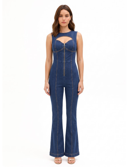 Volledige flared jumpsuit van stretchdenim met lange rits en cut-out Rinascimento