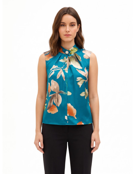 Blouse trapèze en satin fleuri avec bouton bijou Rinascimento