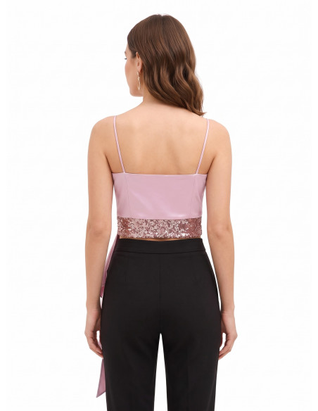 Crop top-bustier van satijn en pailletten met lange volant Rinascimento