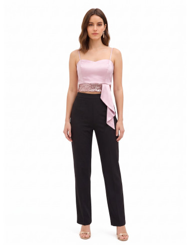Crop top bustier en satin et sequins avec long volant Rinascimento