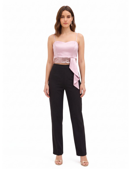 Crop top bustier en satin et sequins avec long volant Rinascimento