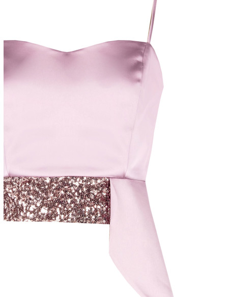 Crop top bustier en satin et sequins avec long volant Rinascimento