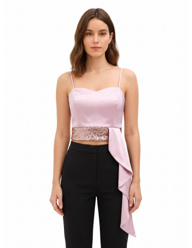 Crop top bustier en satin et sequins avec long volant Rinascimento