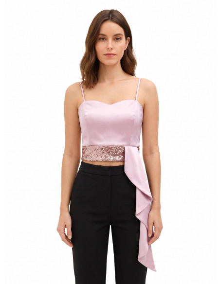 Crop top bustier en satin et sequins avec long volant Rinascimento