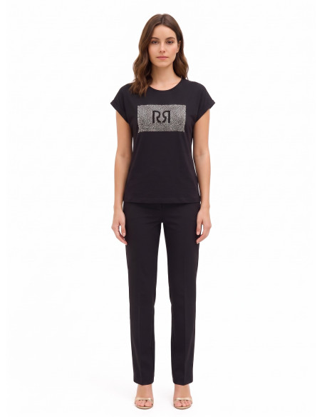 Regular T-shirt van katoen met omgeslagen mouwen en logo met strass-steentjes Rinascimento