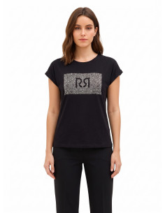 Regular T-shirt van katoen met omgeslagen mouwen en logo met strass-steentjes Rinascimento