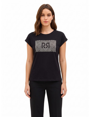 Regular T-shirt van katoen met omgeslagen mouwen en logo met strass-steentjes Rinascimento