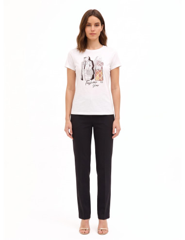 T-shirt regular en coton avec imprimé mode laminé et strass Rinascimento